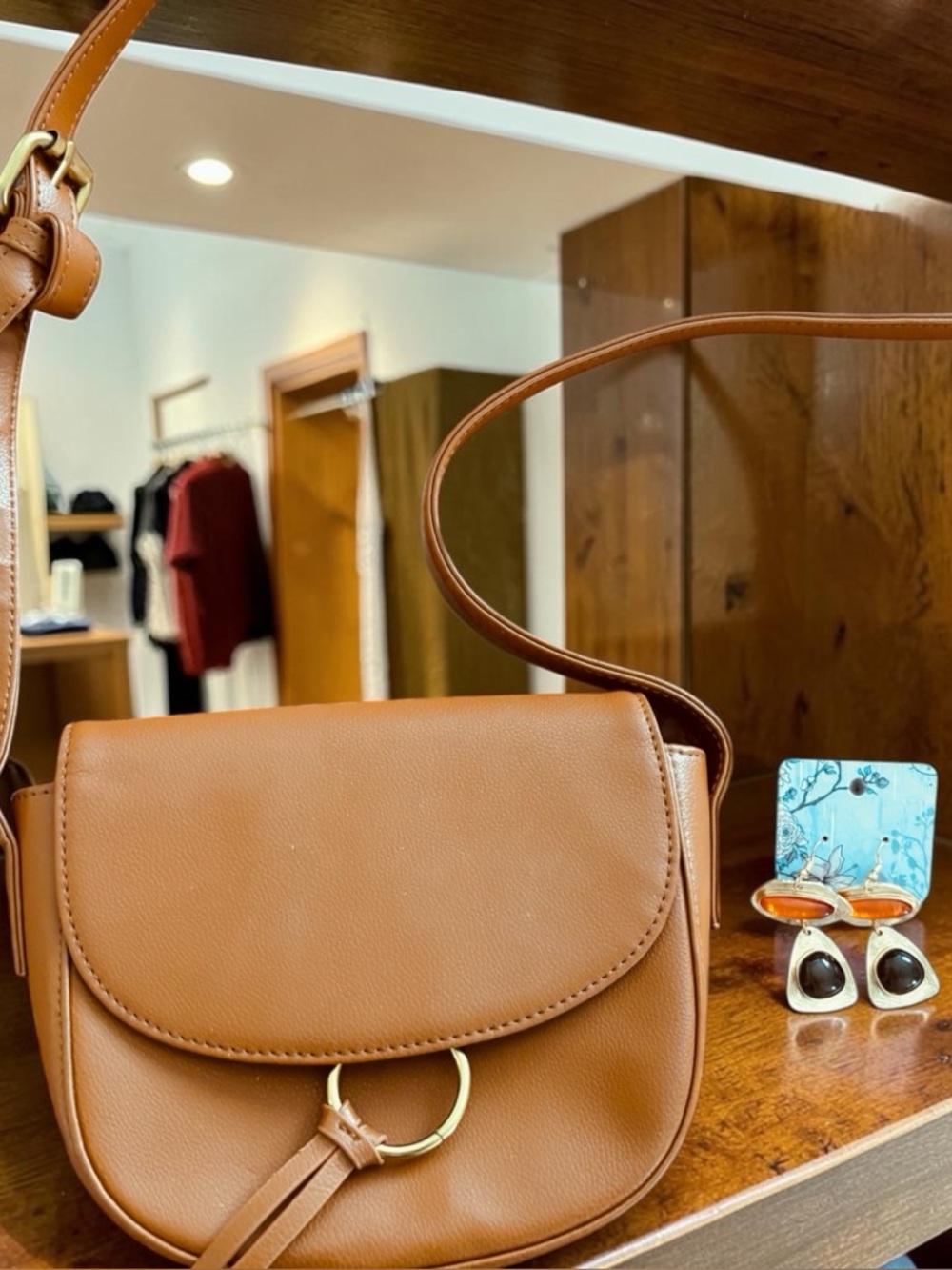 JJ Winters Caramel Leather Crossbody & Bohemian Style Earrings